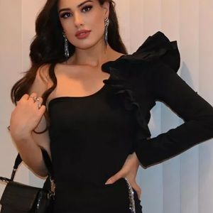 ZARA WOMAN NWOT FW21 BLACK RUFFLED ASYMMETRICAL BODYSUIT